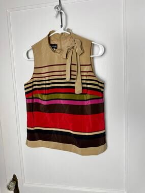 Vintage Donna Morgan Silk Striped Bow Neck Career Sleeveless Blouse Chic SZ 6